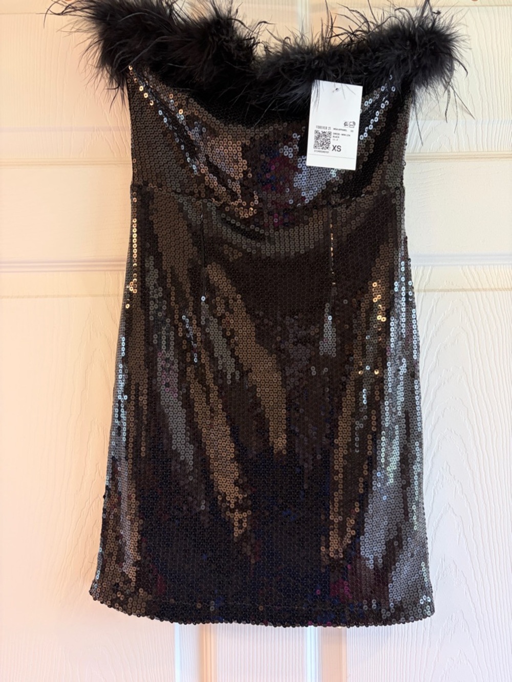 Forever 21 Black Sequin Strapless Mini Dress with Feather Trim